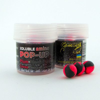 Бойли розчиннi плаваючі Grandcarp Soluble amino Pop-Up Plum, Black Pepper (Слива, Чорний перець) 10mm 15шт (PUS121)